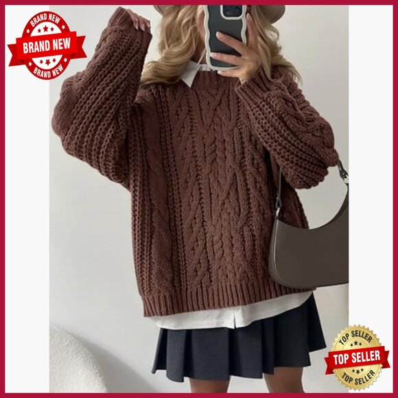 Oversized Cable Knit Pullover Sweater, Chunky Winter Crewneck, Long Sleeve - Picture 3 of 7